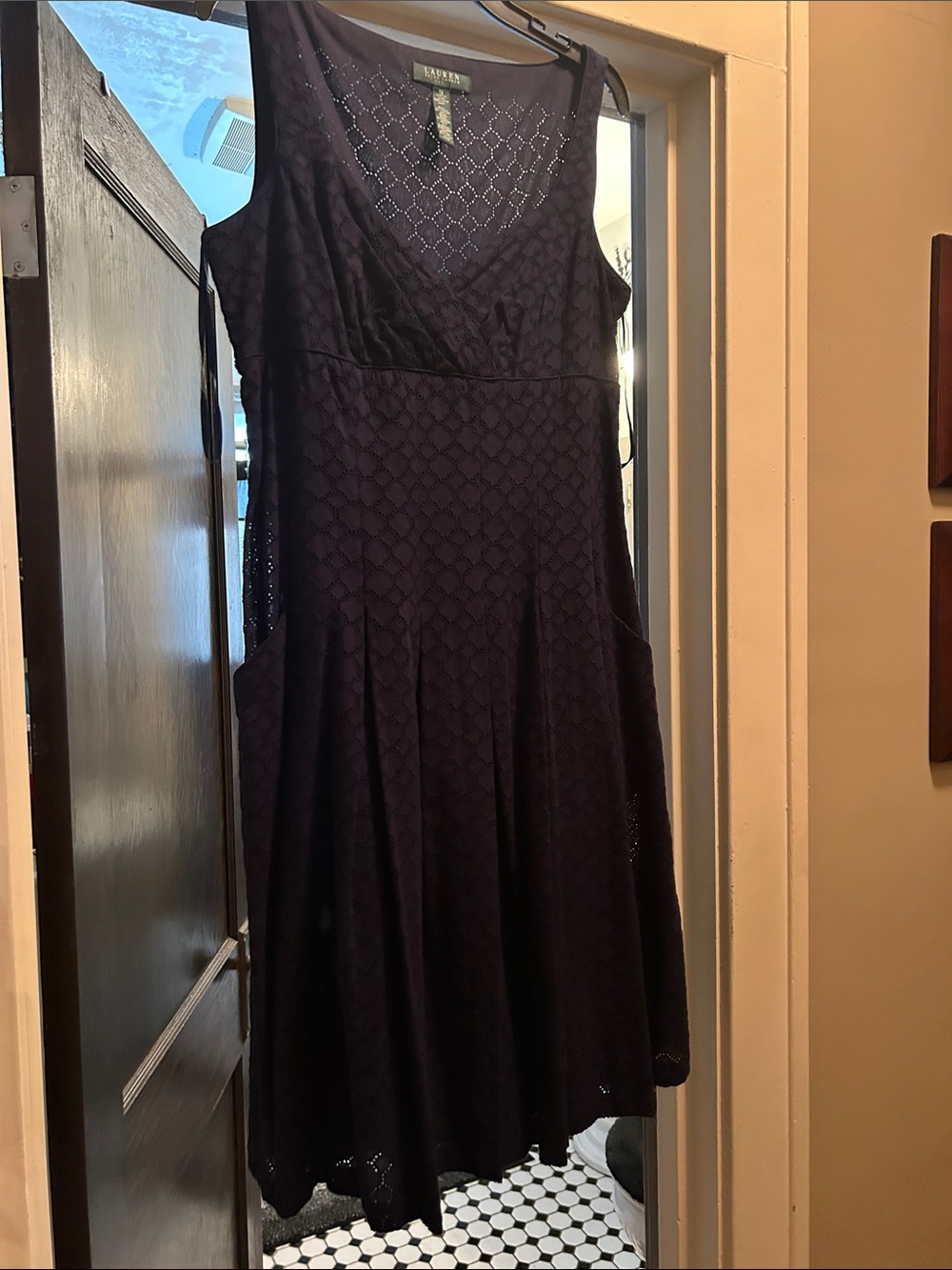 Ralph Lauren Navy Eyelet Sleeveless V-Neck Midi Dress Size 12